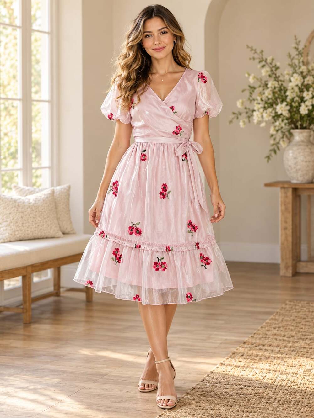 Polagram Floral Embroidered Wrap Dress Pink Puff Sleeve Lined Pockets L